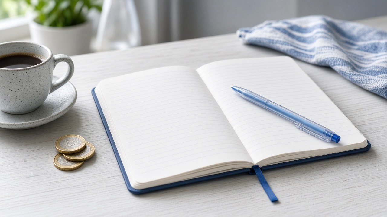 Aufgeschlagenes Notizbuch mit Stift, Euromünzen und Kaffeetasse auf einem hellen Tisch