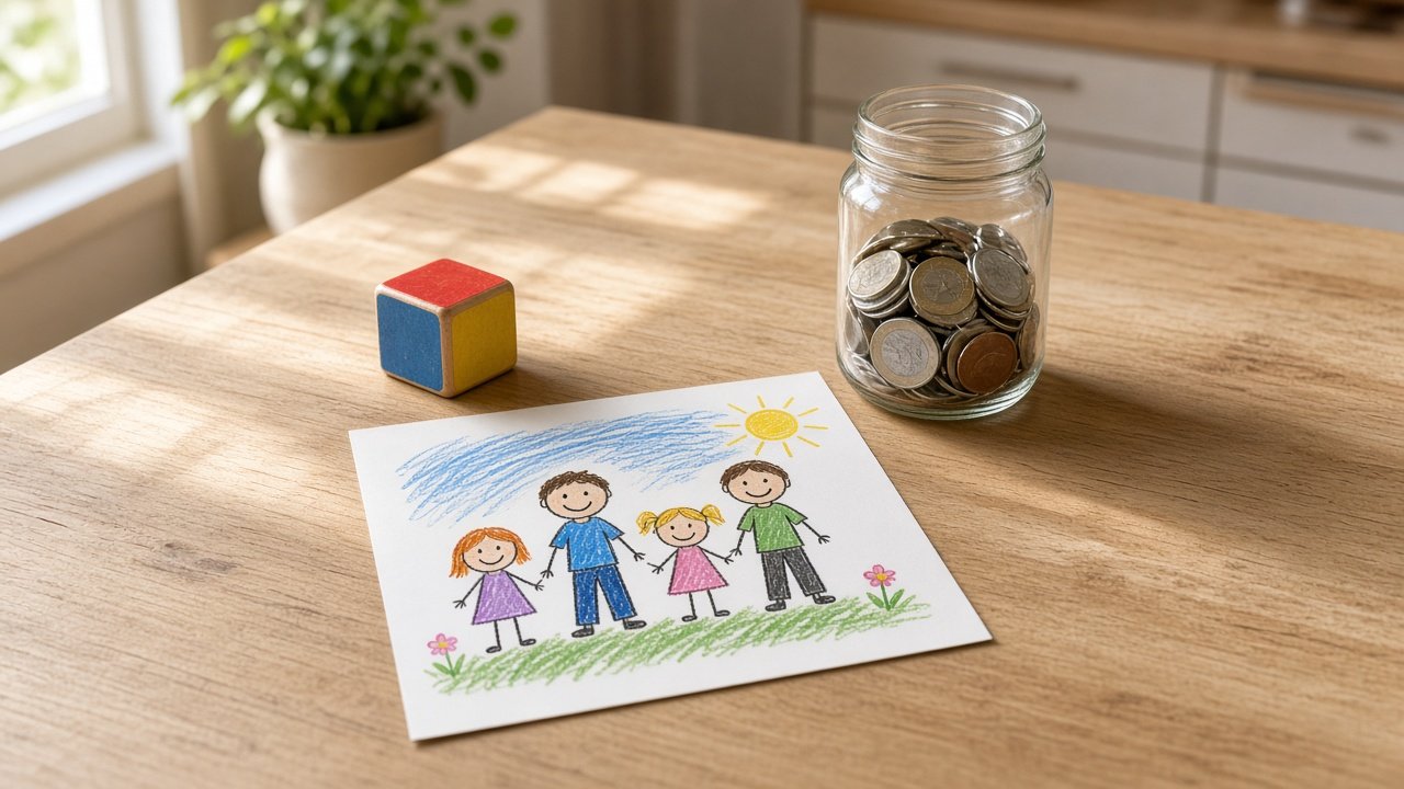 Kinderzeichnung einer Familie, ein Glas mit Euromünzen und ein Holzwürfel auf einem Küchentisch