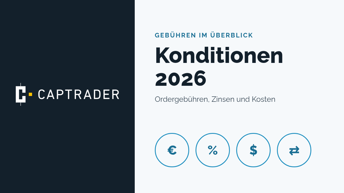 CapTrader Logo mit Schriftzug „Konditionen 2026“: Ordergebühren, Zinsen und Kosten