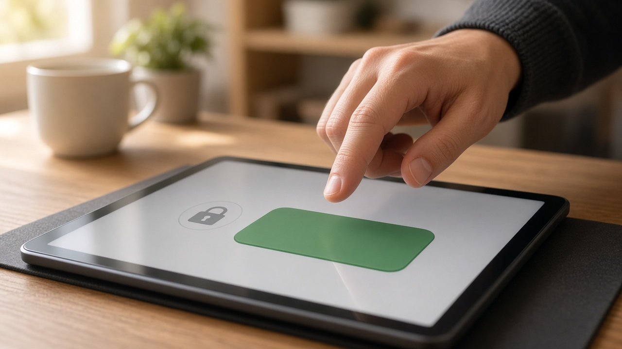 Finger tippt auf einen grünen Bestätigen-Button auf einem Tablet, daneben ein Schloss-Symbol