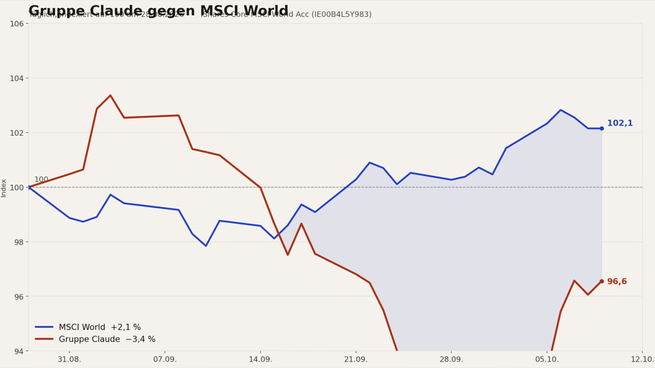 Liniendiagramm: Depot-Gruppe Claude mit minus 3,4 Prozent gegenüber dem MSCI World mit plus 2,1 Prozent von Ende August bis Oktober