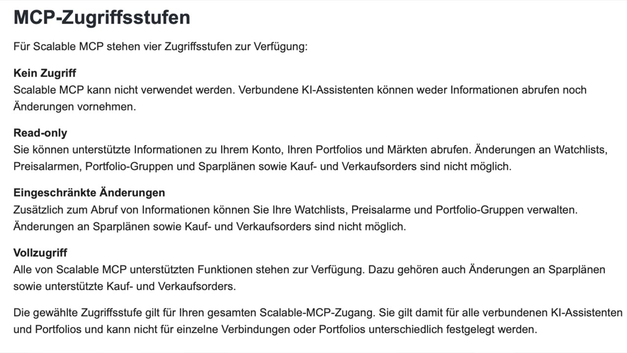 Übersicht der vier Zugriffsstufen für Scalable MCP: kein Zugriff, Read-only, eingeschränkte Änderungen und Vollzugriff