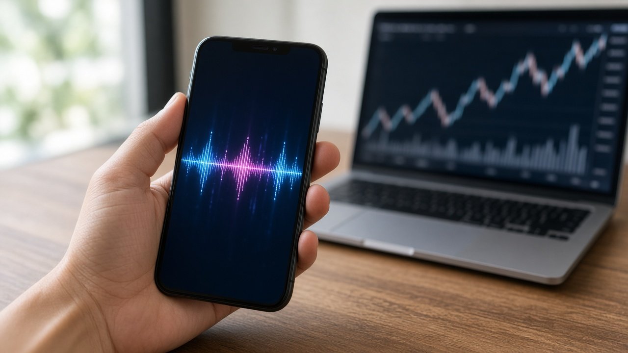 Smartphone mit Sprachwelle auf dem Display vor einem Laptop mit Börsenchart
